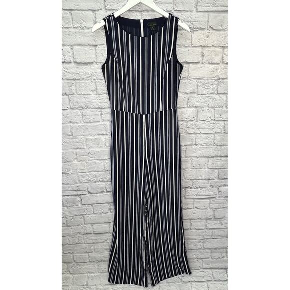 Tahari Navy Blue Striped Jumpsuit Size 4 Sleeveless Pockets Wide-Leg - Picture 1 of 7
